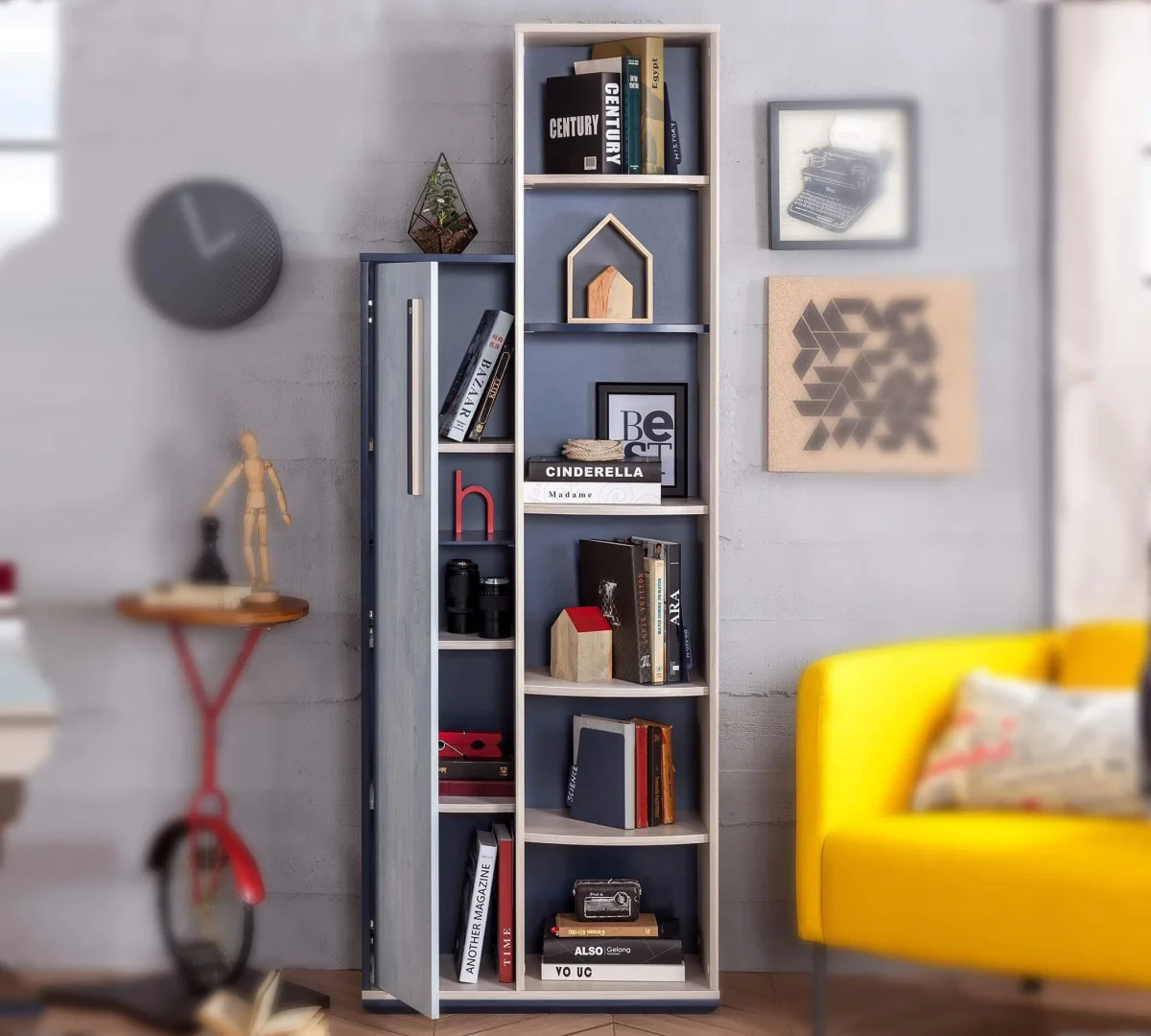 Libreria Moderna Trio con Armadietto - Design Compatto con 3 Ripiani e Mobile A Conchiglia - immagine 3