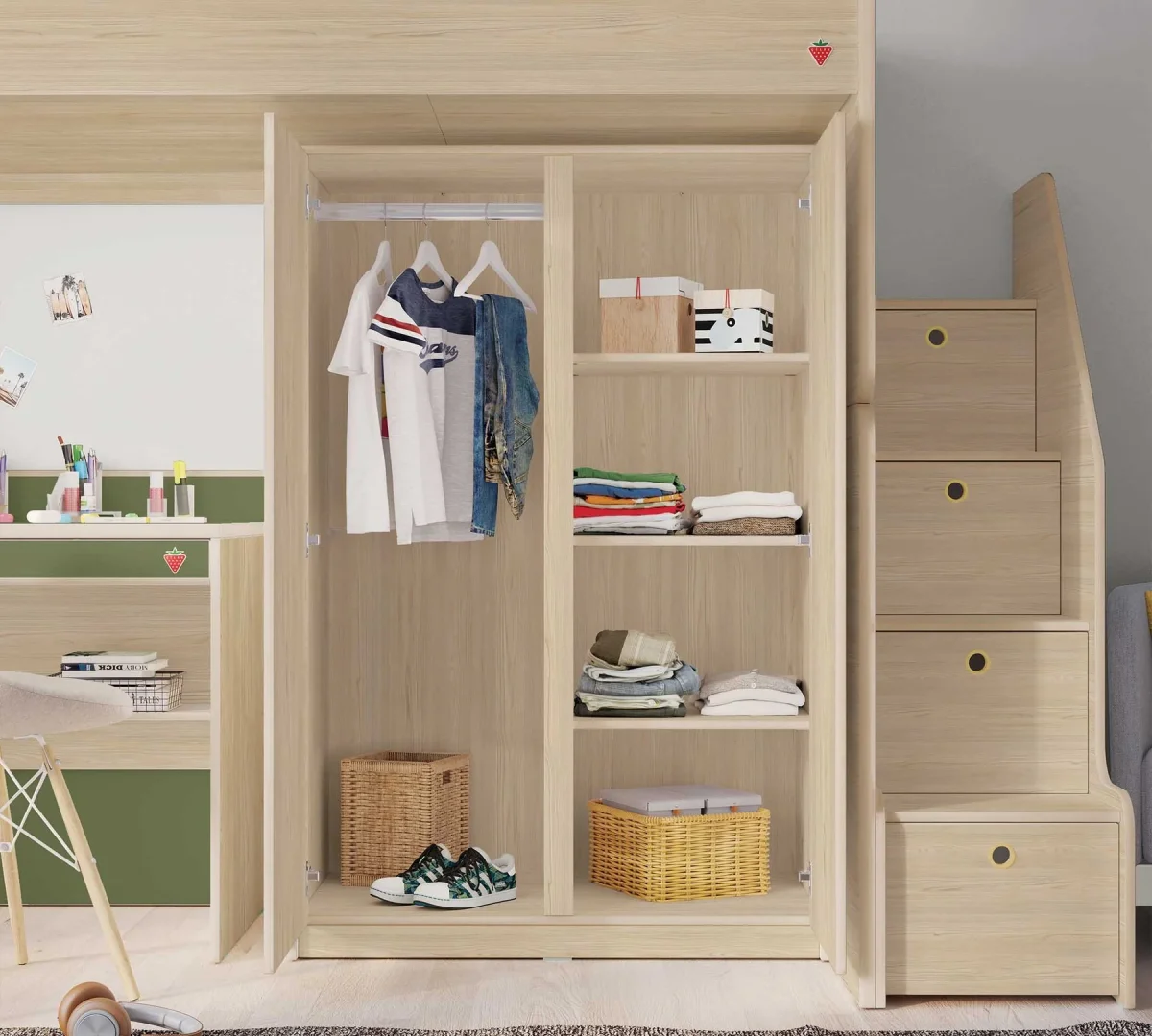 Armadio Moderno Compatto 2 Ante Natural con 4 Ripiani e Chiusura Rallentata 93x140x52 cm - immagine 7