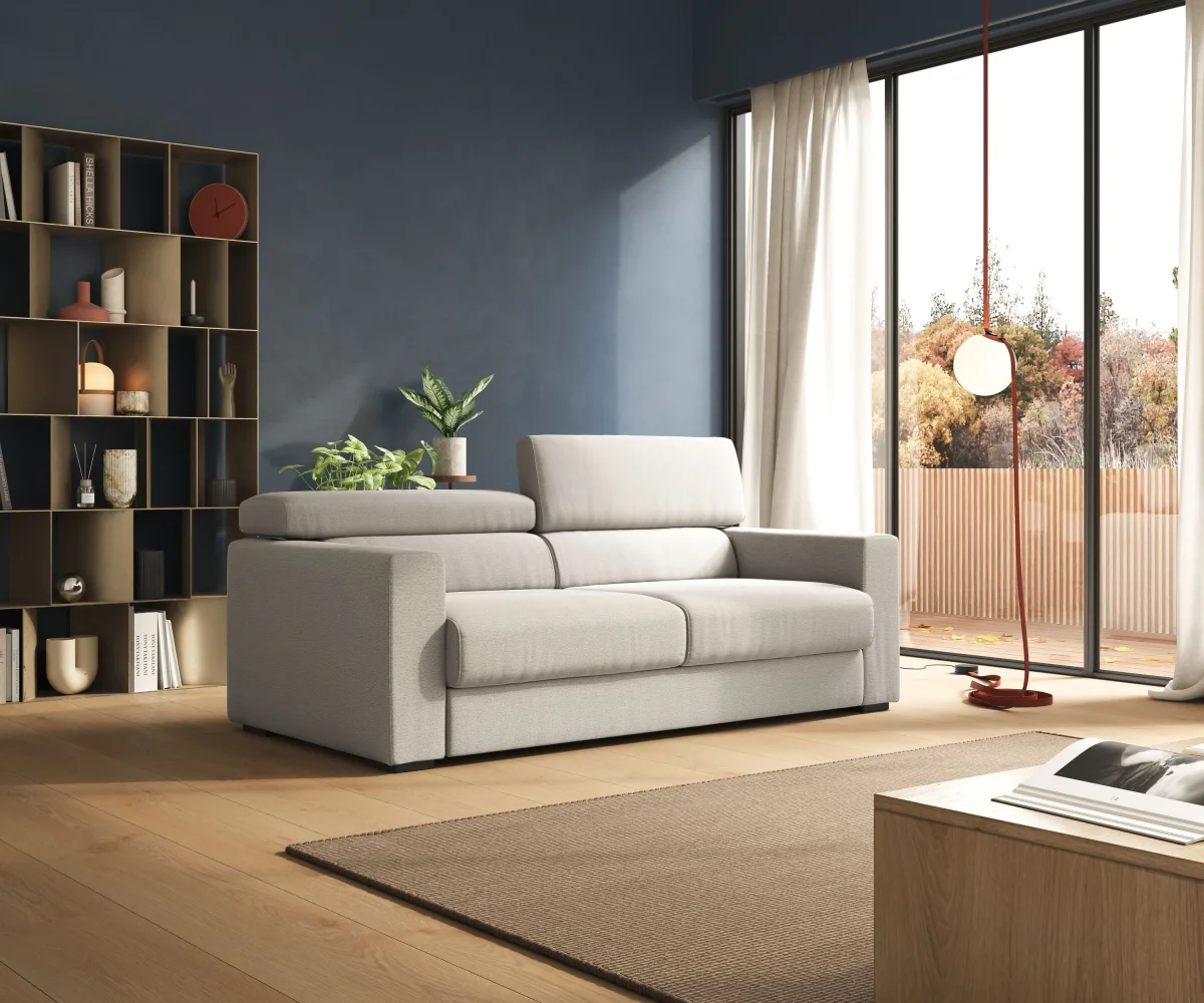Dylan divano allungabile con pouf estraibile poggiapiedi in tessuto fiammato simil cotone impermeabile T19 beige - immagine 4